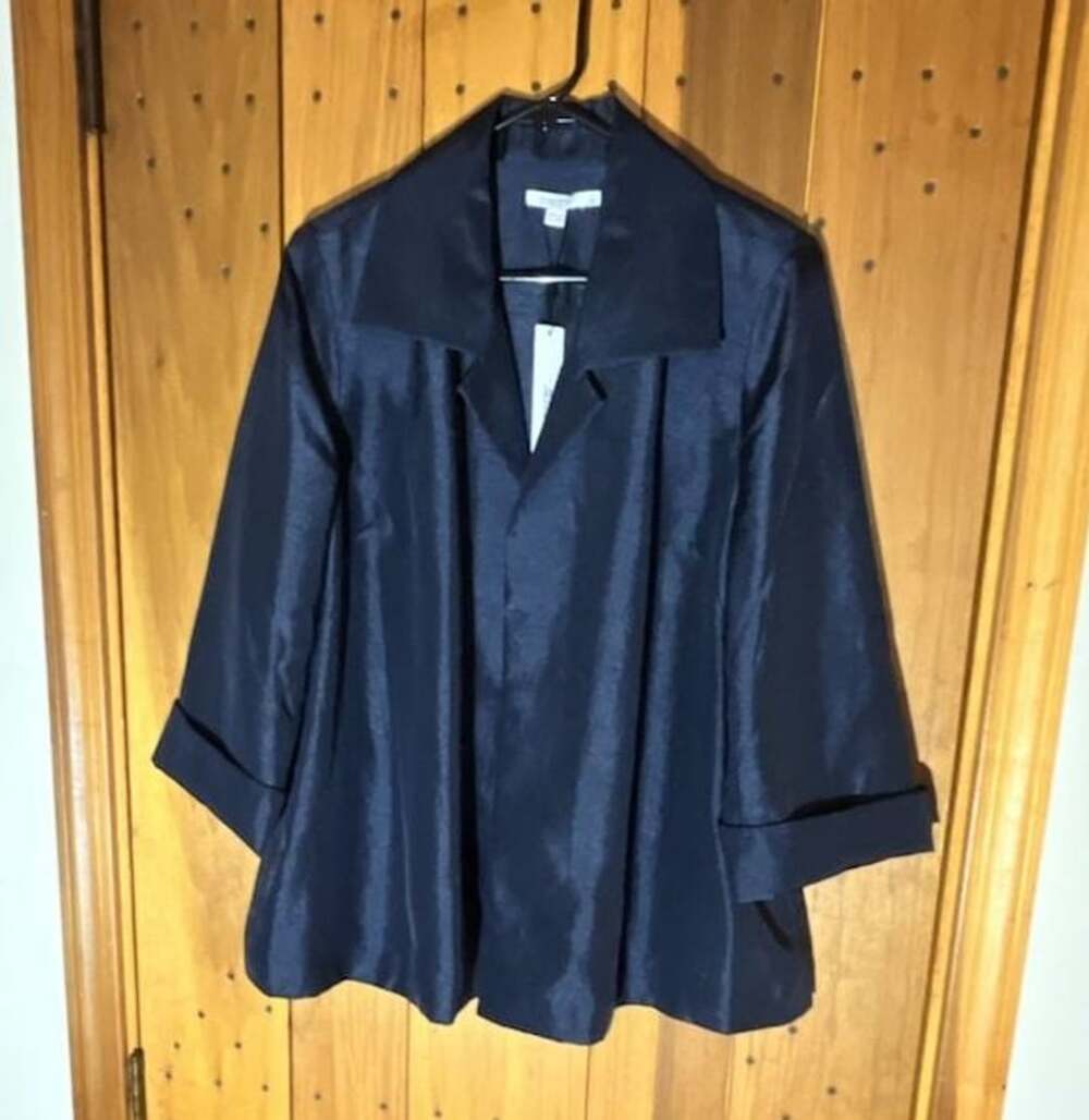 Chico's Navy Blue Silky Open Front Jacket with 3/4 Cuffed Sleeves